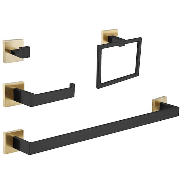 4-Piece Bath Hardware Set with towel bar for bathroom wall Towel Hook Toilet Paper Holder and Towel Ring in Gold Black