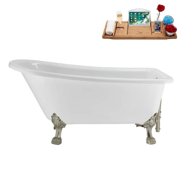 Streamline 58 in. x 28 in. Acrylic Clawfoot Soaking Bathtub in Glossy White with Brushed Nickel Drain, Brushed Nickel Clawfeet