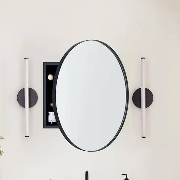 30 in. W x 30 in. H Surface Mount Round Circle Bathroom Metal Framed Medicine Cabinet with Mirror in Matt Black