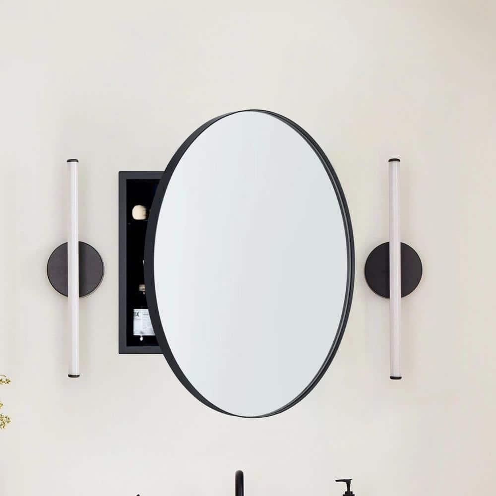 30" Matt Black Stainless Steel Round Medicine Cabinet with Mirror