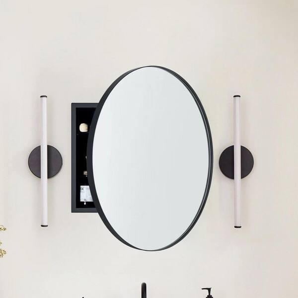 TEHOME 30 in. W x 30 in. H Surface Mount Round Circle Bathroom Metal Framed Medicine Cabinet with Mirror in Matt Black