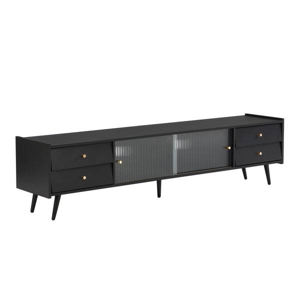 Polibi Black TV Stand Fits TV's up to 70 in. with Sliding Fluted Glass Doors RSB12SFD The