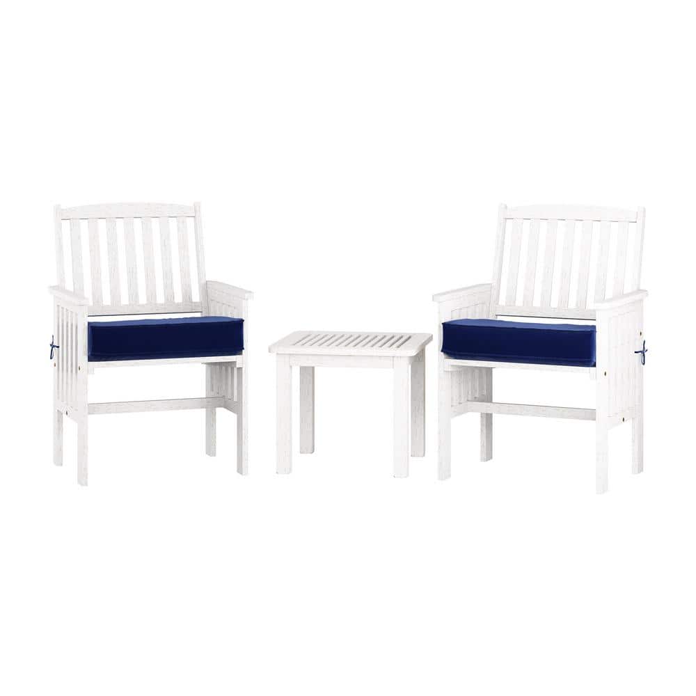 CORLIVING Miramar Whitewashed 3-Piece Hardwood Patio Conversation Set with Navy Blue Cushions -  PEX-874-Z