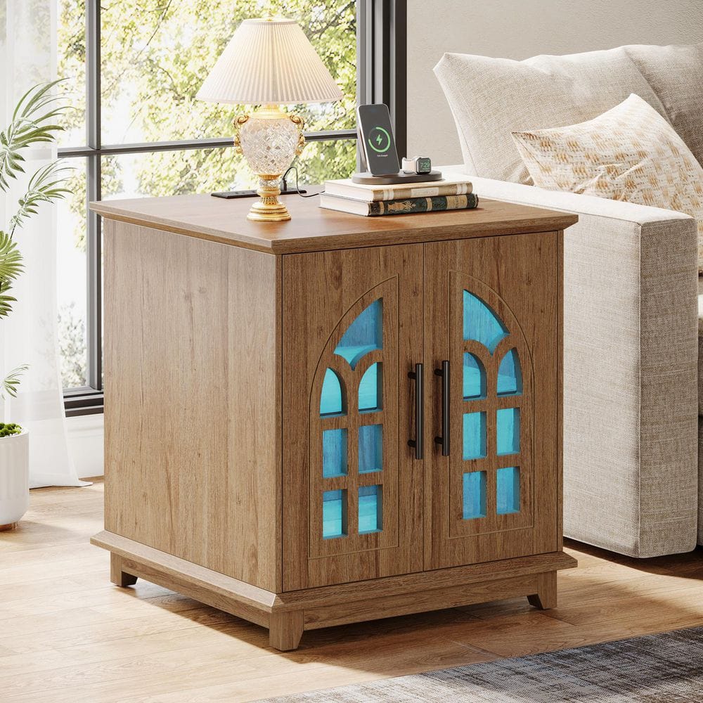 23.6 in. Brown Square Wood End Table with Charging Station and Led Light, Large Sofa Side Table with Storage Cabinet