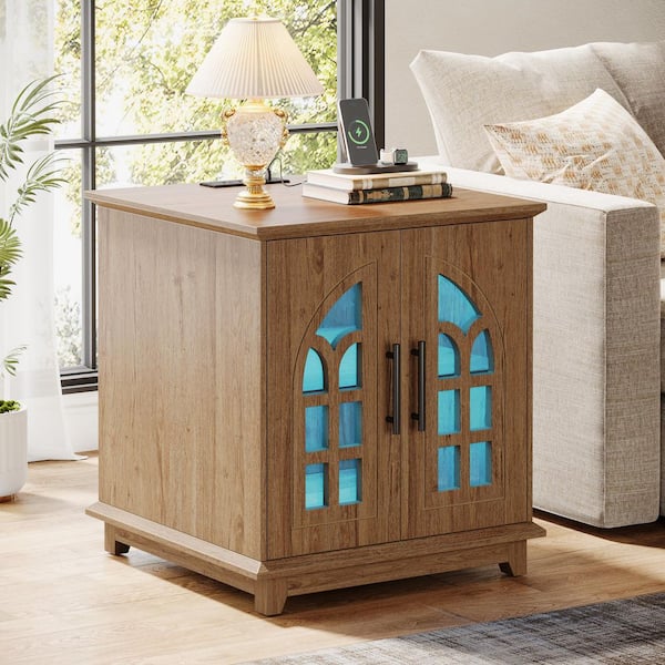 TRIBESIGNS WAY TO ORIGIN 23.6 in. Brown Square Wood End Table with Charging Station and Led Light, Large Sofa Side Table with Storage Cabinet