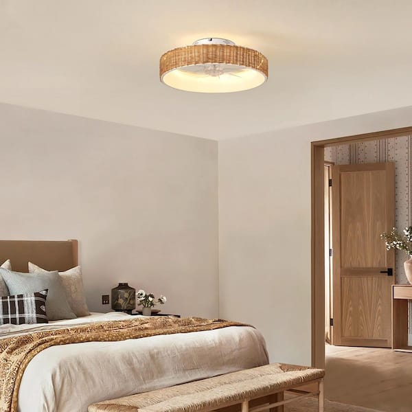 20 in. Indoor Coffee Boho Flush Mount Rattan Ceiling Fan with Light and Remote Low Profile Ceiling Fan 7 Clear Blades