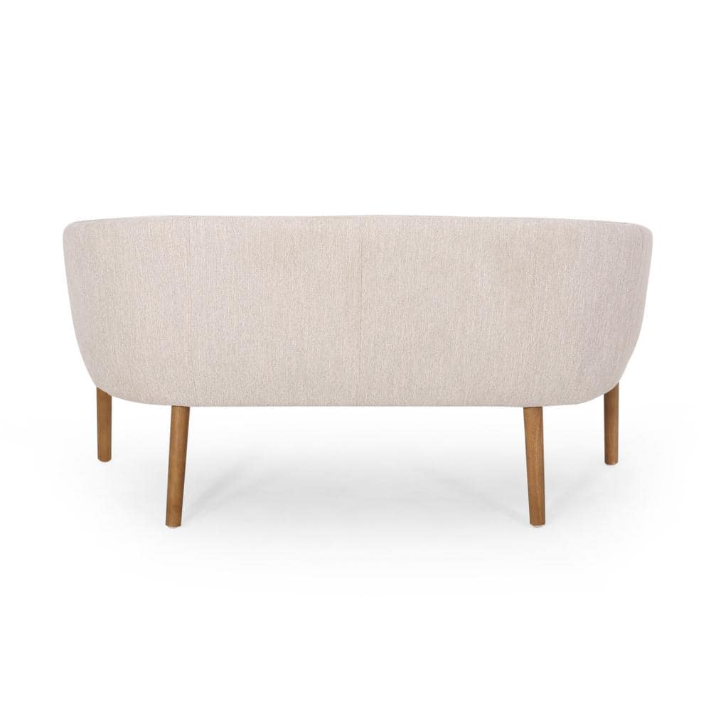 Mid-Century Beige Fabric Loveseat with Channel Stitching and Wood Frame
