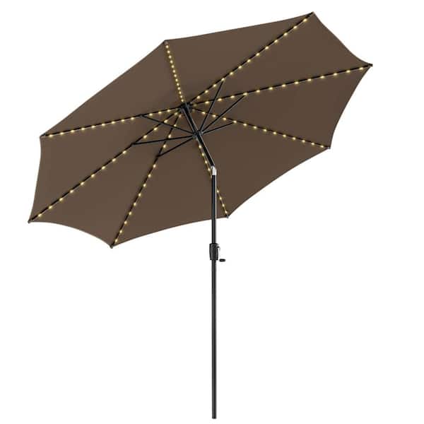 WELLFOR 10 ft. Octagon Metal Market Solar LED Lighted Tilt Patio Umbrella in Coffee with Easy Crank