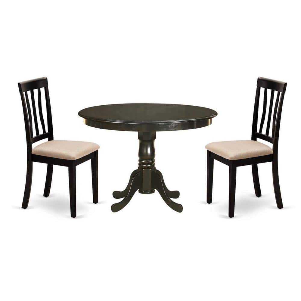 Cappuccino Wood Round Dining Table with Beige Upholstered Chairs