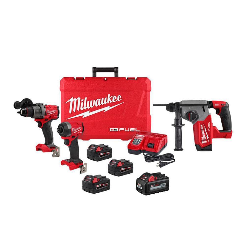 M18 FUEL 18-Volt Li-Ion Brushless Cordless Hammer Drill & Impact Driver Combo Kit (2-Tool) w/4 Batteries & Rotary Hammer -  Milwaukee, 3697-22-48-11-5