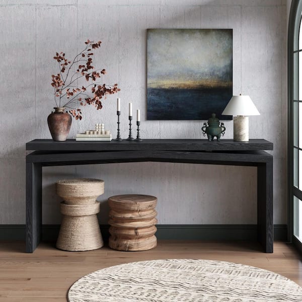 Galahad Farmhouse 64.96 in. Black Rectangle Solid Wood Veneer Console Table