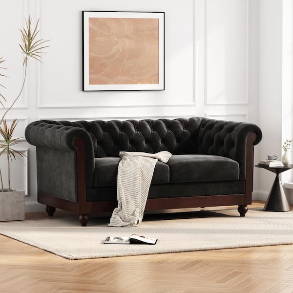 Harper & Bright Designs Chesterfield 59.44 in. Black Velvet Upholstered 2-Seater Rolled Arm Loveseat Sofa with Tufted Button