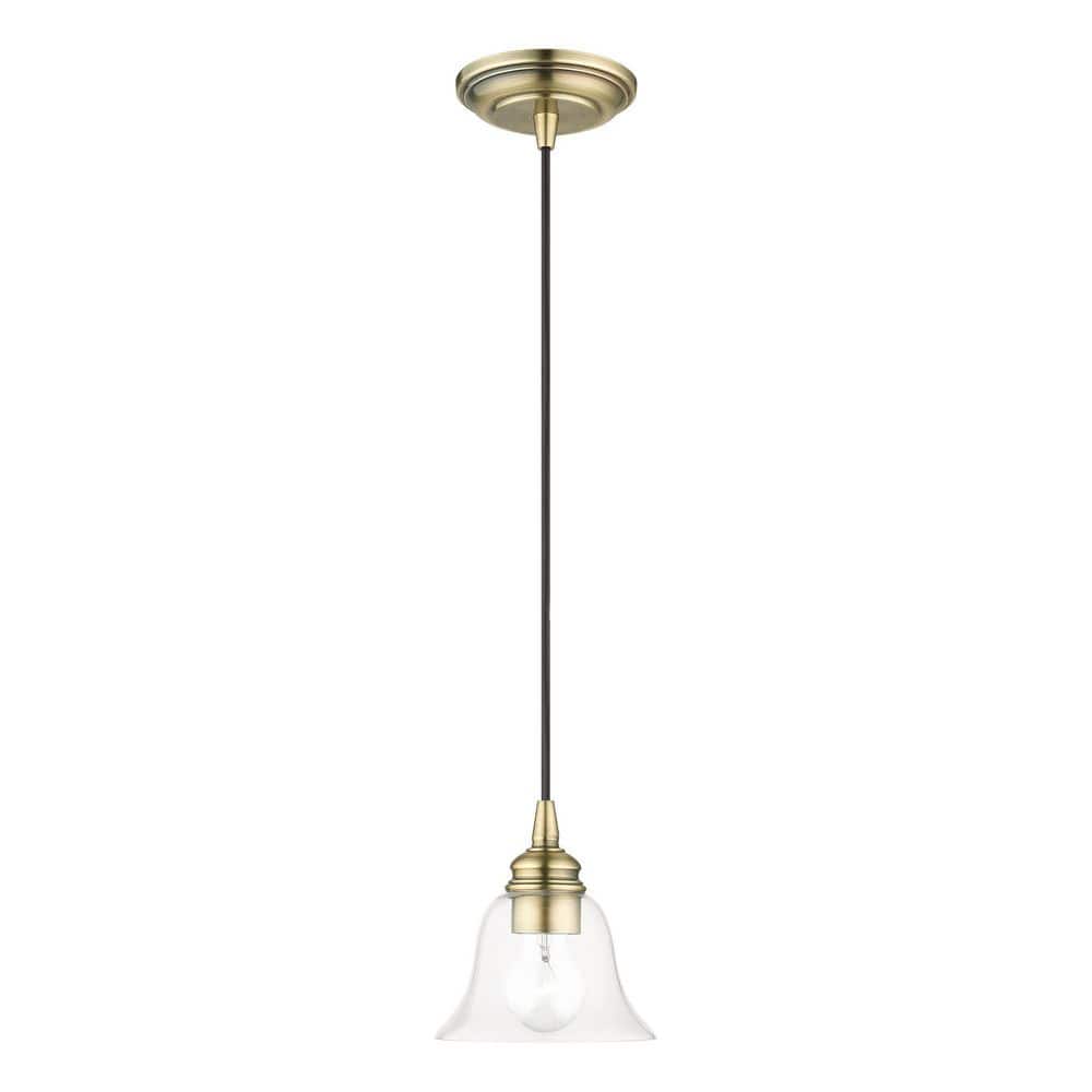 Transitional Hand-Blown Clear Glass Pendant in Antique Brass
