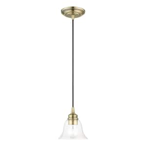 Moreland 1-Light Antique Brass Single Mini Pendant with Hand Blown Clear Glass