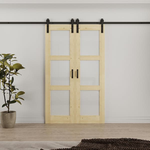 48 in. x 80 in. 3 Lite Tempered Frosted Glass Unfinished Solid Core Pine Wood Sliding Barn Door with Hardware Kit