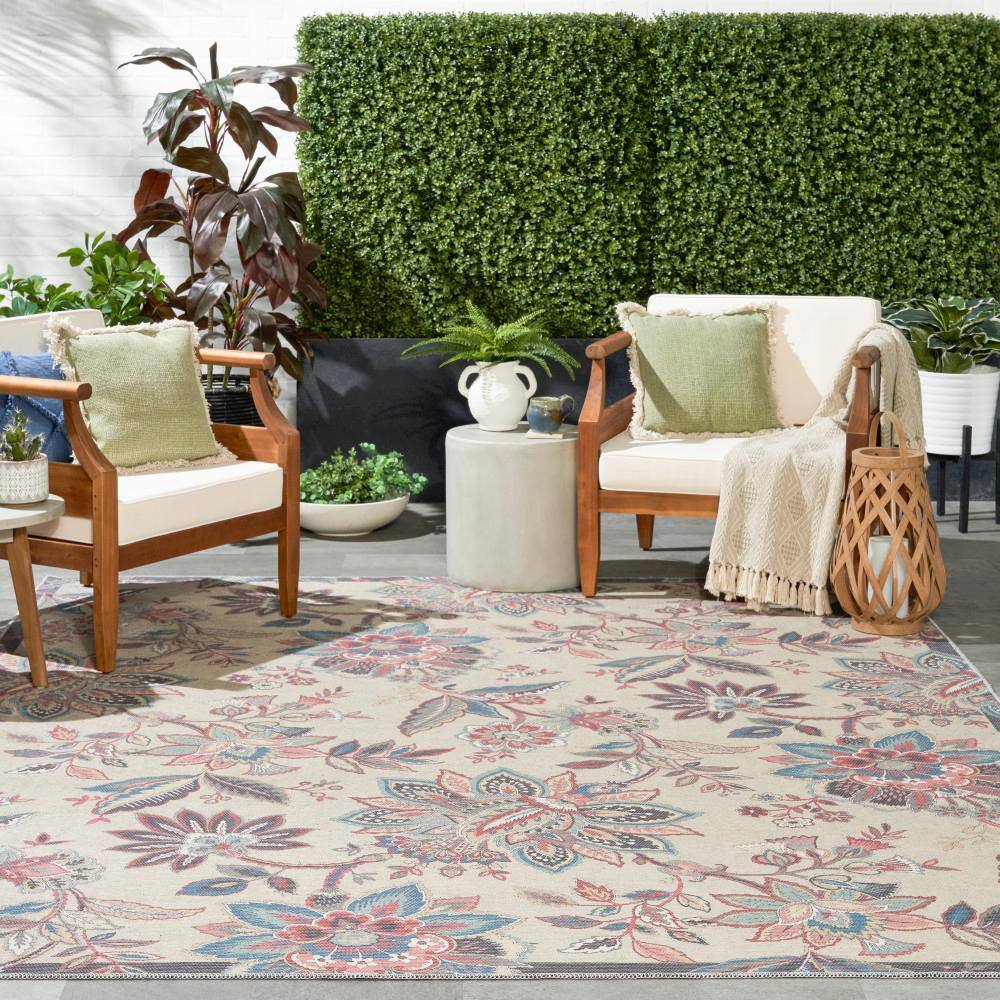 Beige Floral Chenille Rectangular Washable Area Rug