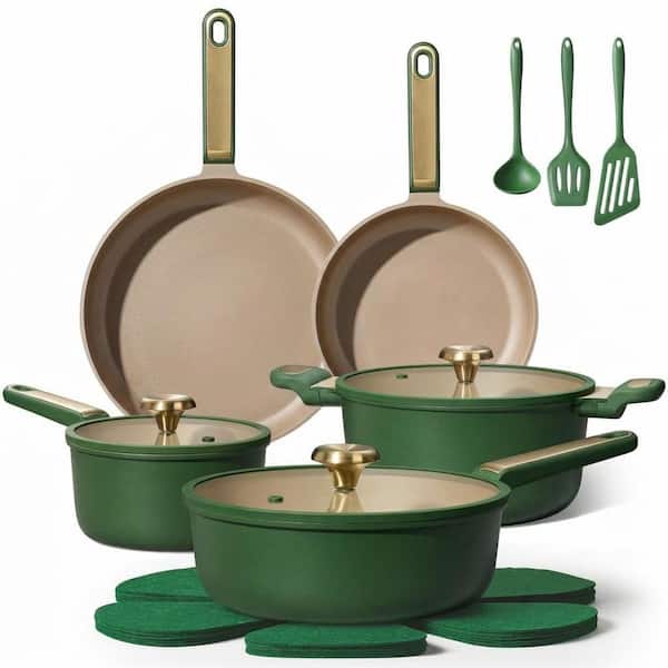 16-Piece Green Nonstick Die-Cast Aluminum Set Induction Safe Dishwasher Safe Non-Toxic Kitchen Cookware Set