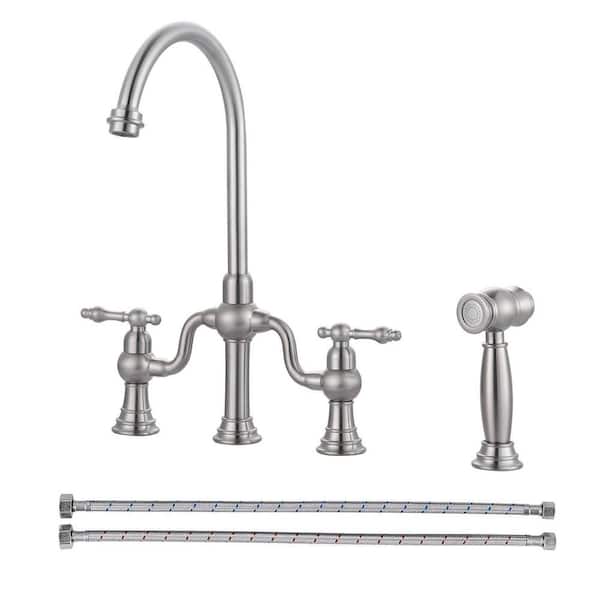 Double Handle High Arc Brass Bridge Kitchen Faucet with Side Sprayer in Brushed Nickel