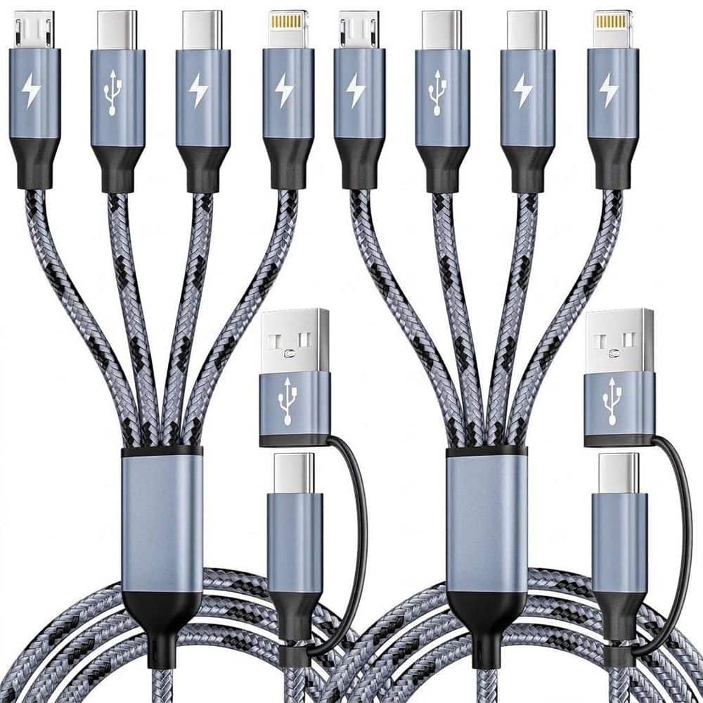 2 Pack Dual Type-C 4-in-2 Multi Charging Cable with USB A/C Input, 5 ft. Cord for iPhone iPad Android Phones