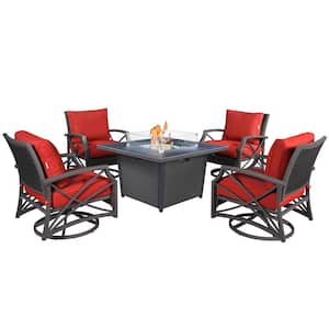 Ethan Grey 5-Piece Propane Patio Fire Pit Set with an Aluminum Frame, Wicker Chairs, and Red Cushions
