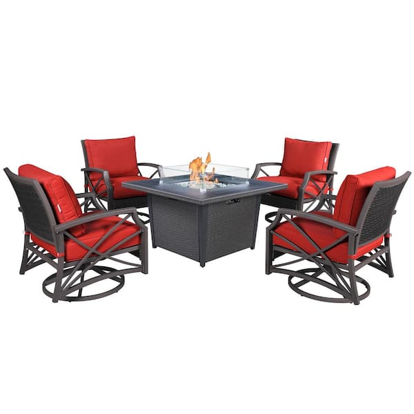 Kinger Home Ethan Grey 5-Piece Propane Patio Fire Pit Set with an Aluminum Frame, Wicker Chairs, and Red Cushions