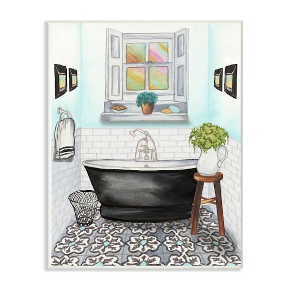 Stupell Industries 12 in. x 18 in. "Cute Bathroom Blue" by Elizabeth Medley Wood Wall Art