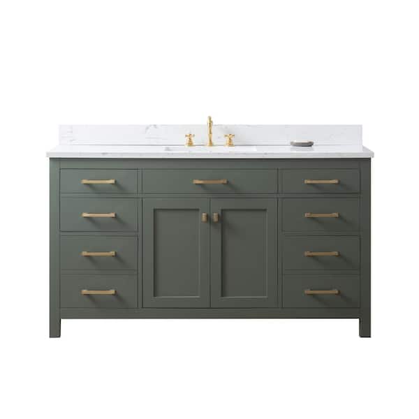 Jasper 60 in. W x 22 in. D Bath Vanity in Vintage Green with Engineered Stone Vanity in Carrara White with White Sink