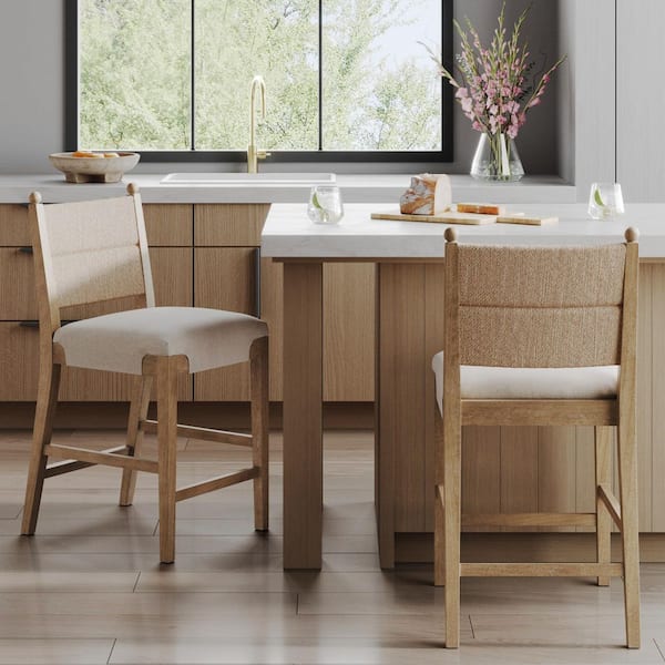 Cove Light Brown Bohemian Solid Wood Upholstered Bar Stool with Natural Flax Cushion and Seagrass Backrest