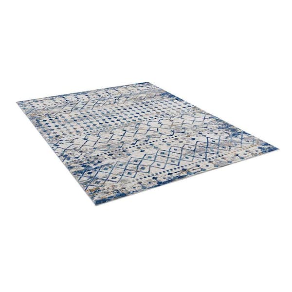 6 ft. x 9 ft. Blue and Cream Moroccan Globally Inspired Print Woven Area Rug for Living Room with Non-Slip Backing
