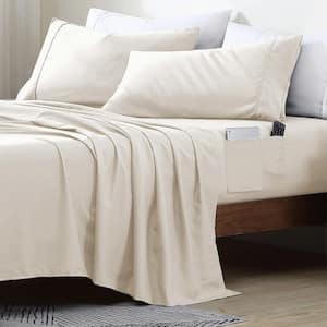 Queen Size Microfiber Sheet Set with 8 in. Double Storage Pockets, Coconut Milk