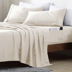 Twin XL Size Microfiber Sheet Set with 8 in. Double Storage Pockets, Coconut Milk