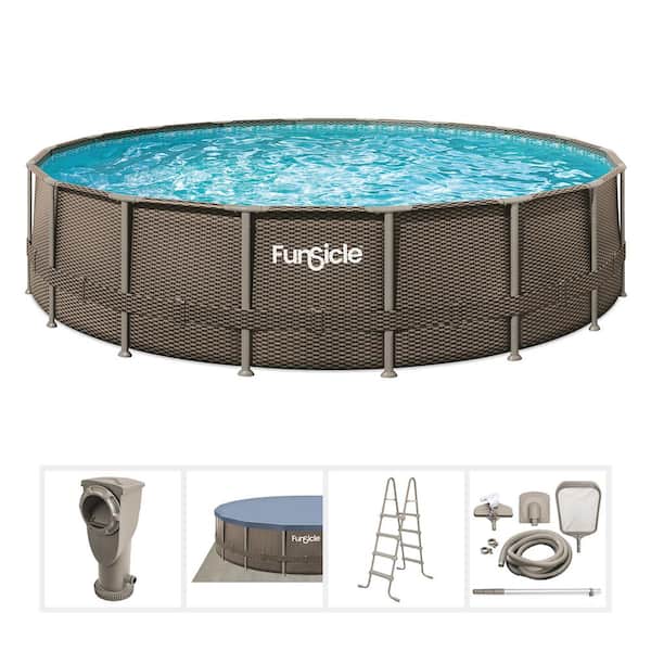 Oasis Designer 18 ft. Round 48 in. Deep Metal Frame Above Ground Pool with Pump, Dark Double Rattan
