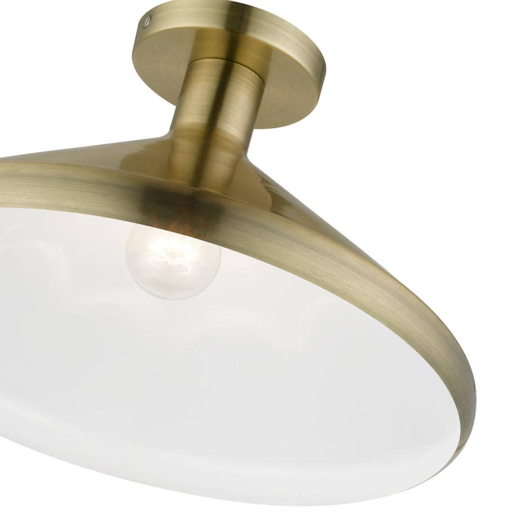 Antique Brass Cone Semi-Flush Mount Light with White Shade