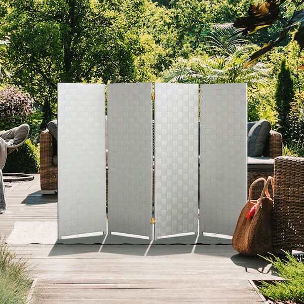 Oriental Furniture 4 ft. Short Woven Fiber Outdoor All Weather Folding Screen - 4 Panel - White