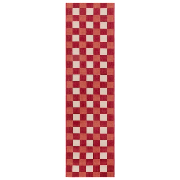 Courtyard Red/Beige 2 ft. x 5 ft. Plaid Grid Indoor/Outdoor Runner Rug