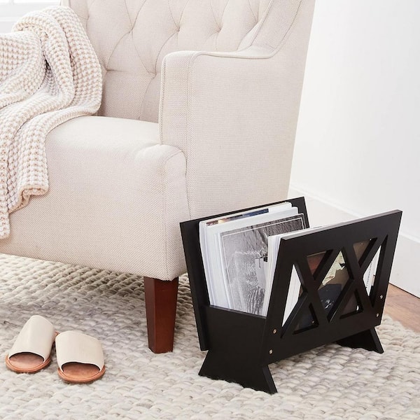 Black 15.7 in. x 11.8 in. Wood Freestanding Magazine Rack