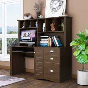 59.06 in. Rectangular Walnut Home Office Computer Desk with Hutch
