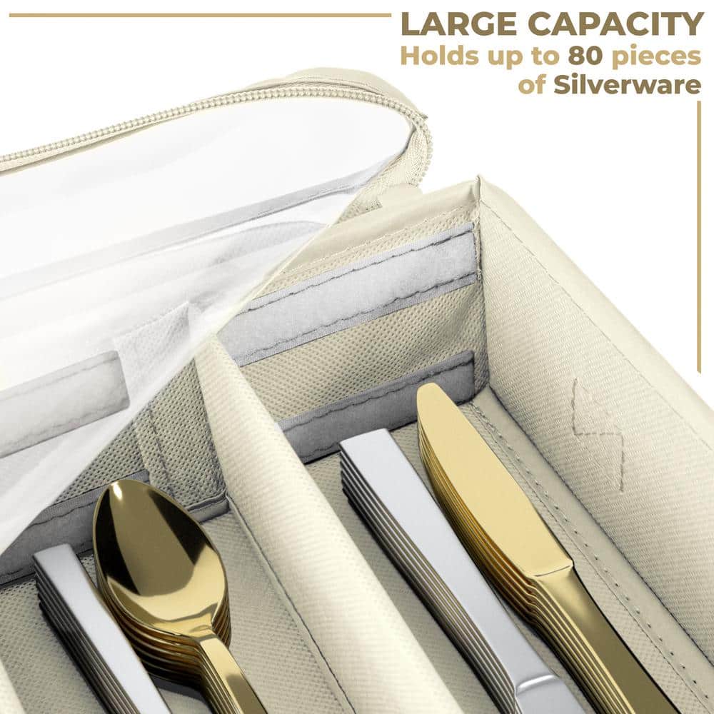 Beige Quilted Flatware Storage Chest with Clear Lid
