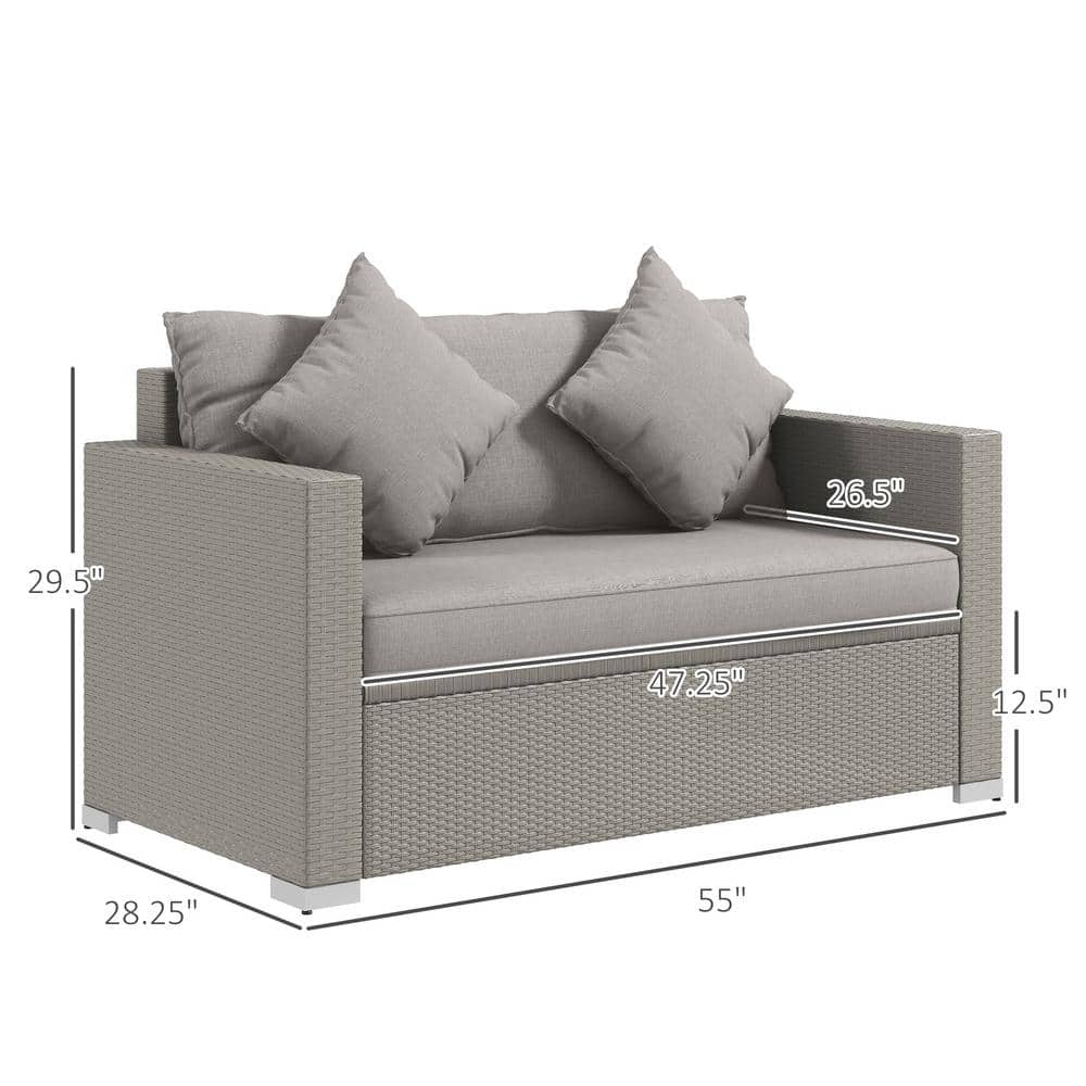 Gray Wicker Outdoor Loveseat with Cushions and Throw Pillows