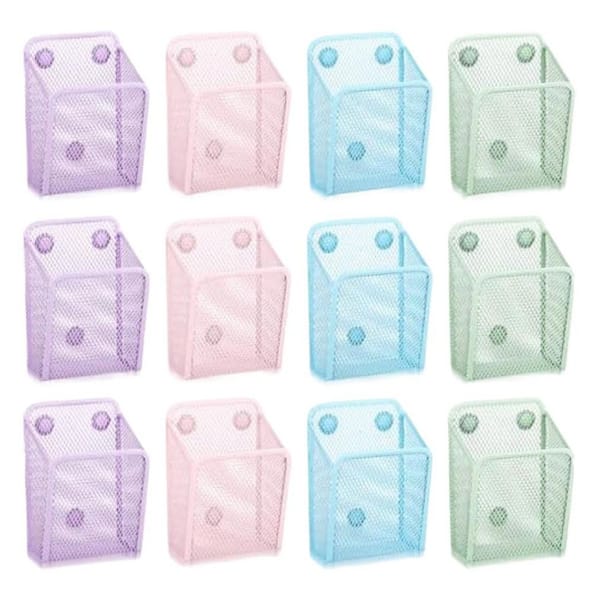 12-Pack Pastel Series Magnetic Mesh Pen Holder Metal Pencil Organizer Basket for Locker Fridge Office Kitchen