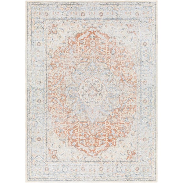Lillian Light Blue/Rust 9 ft. x 12 ft. Medallion Machine-Washable Indoor Area Rug