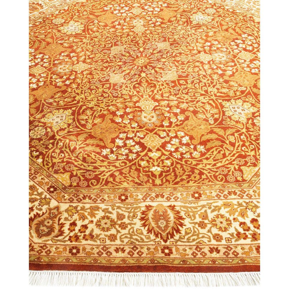 Hand-Knotted Round Oriental Wool Rug in Orange and Beige