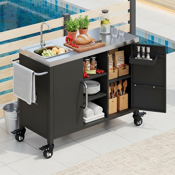 Classic Black Stainless Steel 55.5 in. Kitchen Island Outdoor Metal Frame Lockable Wheels Grill Cart with Sink Station