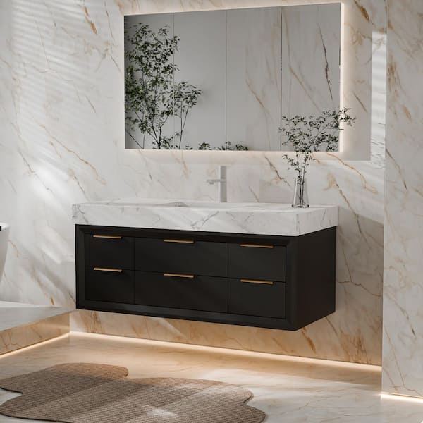 Wenlorin 48 in. Single Sink Floating Black Bath Vanity with White Engineered Marble Top Pre-assembled