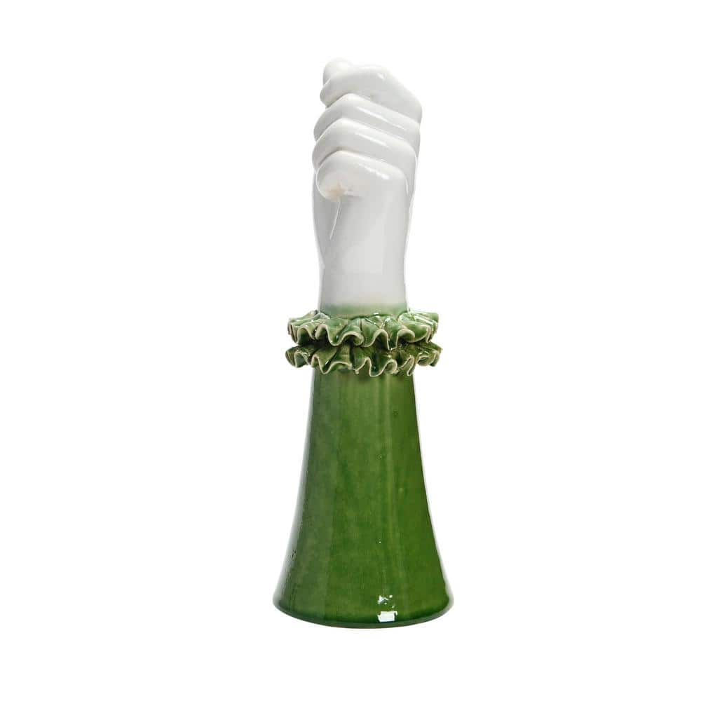 Green and White Ceramic Hand Vase with Ruffled Sleeve