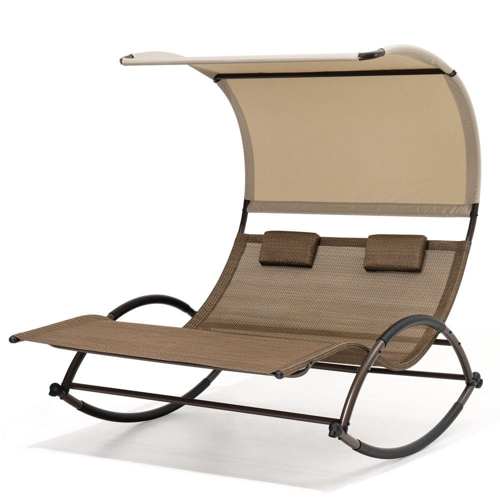 Metal Double Sun Bed Outdoor Chaise Lounge Rocking Chair with Wheels and Beige Canopy and Brown Seat price history on PriceWatchPro