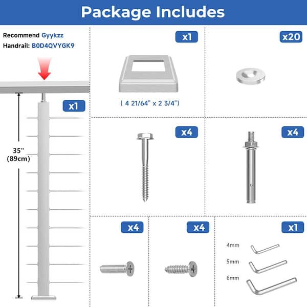 36" x 2" x 2" 1-Piece 180 Degree Metal Stainless Steel Cable Railing End Post, Level Drilled Railing Post