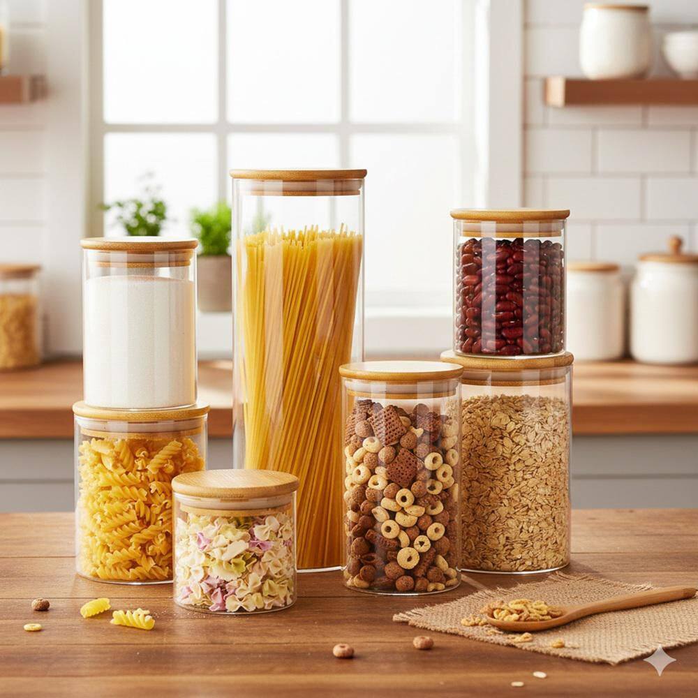 7-Piece Glass Food Storage Jars Set with Airtight Bamboo Lids for Kitchen Pantry Organization Dry Food Cereal Nuts Flour price history on PriceWatchPro