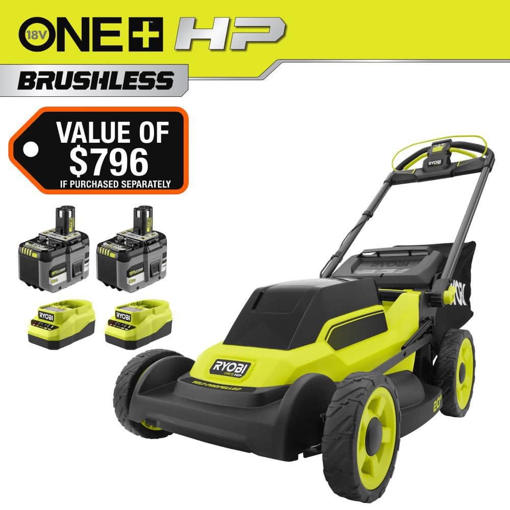 RYOBI ONE+ HP 18V Brushless 20 in. Lawn Mower w/ (2) 6.0 Ah Batteries and Chargers