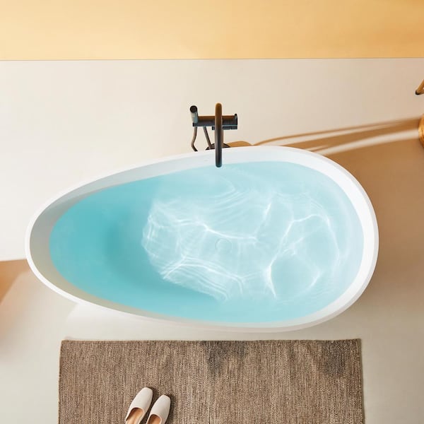 67 in. x 33.5 in. Solid Surface Flatbottom Freestanding Bathtub Contemporary Oval Soaking Bathtub in Matte White